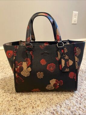 Coach Black Leather Tote with Red and Tan Floral Print